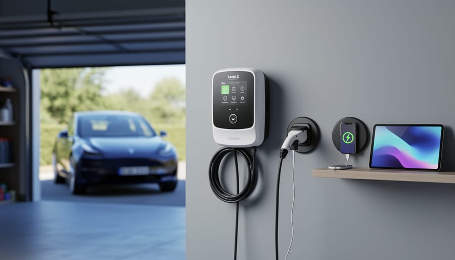 A sleek 4-in-1 EV charging station in a home garage charging a vehicle cable while a phone and tablet rest on nearby charging pads.