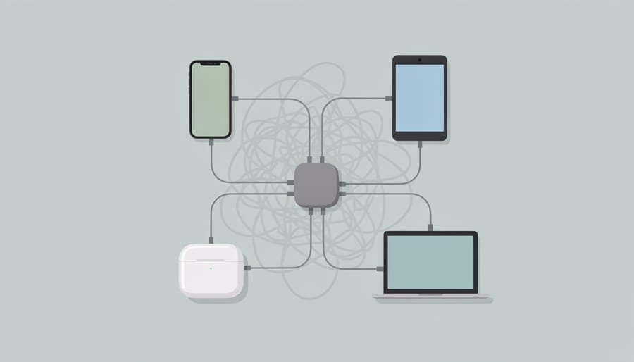 Tangled charging cables being replaced by a neatly organized area with a compact 4-in-1 charging station in the background