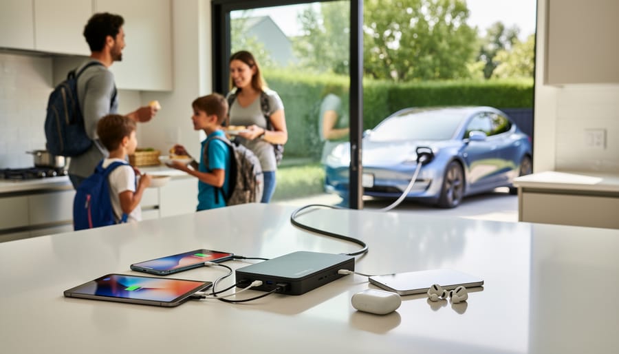 Parent and teen using a compact 4-in-1 charging station to charge an EV and personal devices outdoors