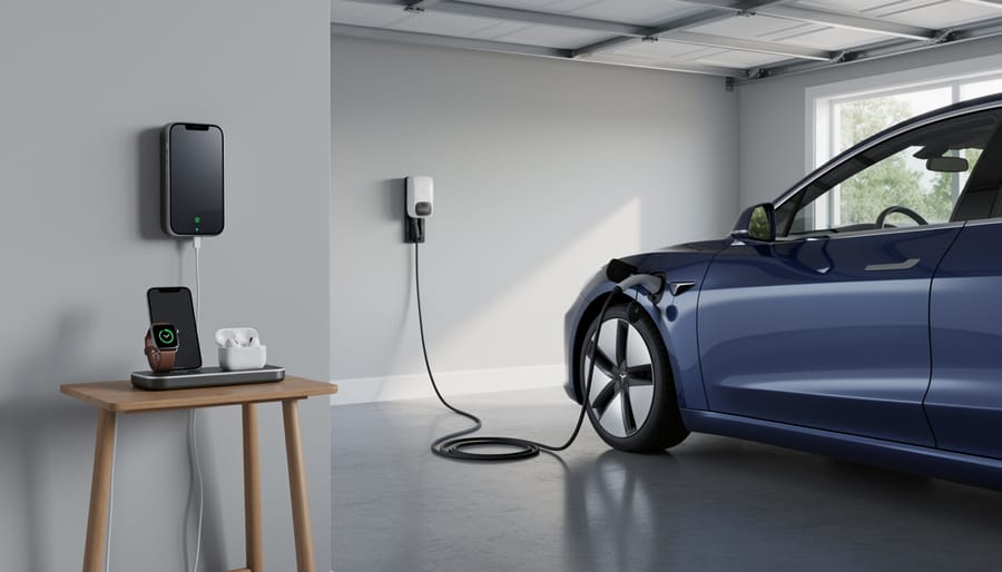 Compact 4-in-1 charging station in a modern garage with an EV, smartphone, and wireless earbuds charging from the same unit