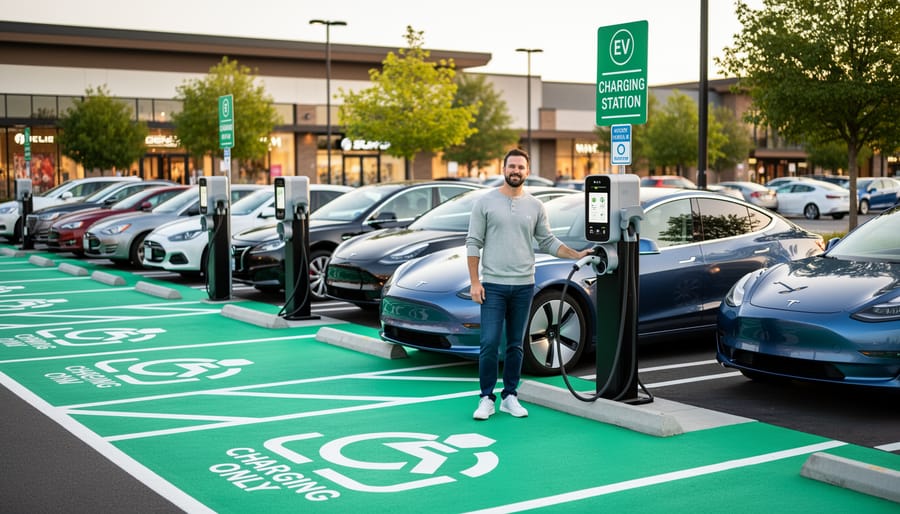 A modern electric car charging station pedestal with a charging cable resting neatly in an outdoor parking area