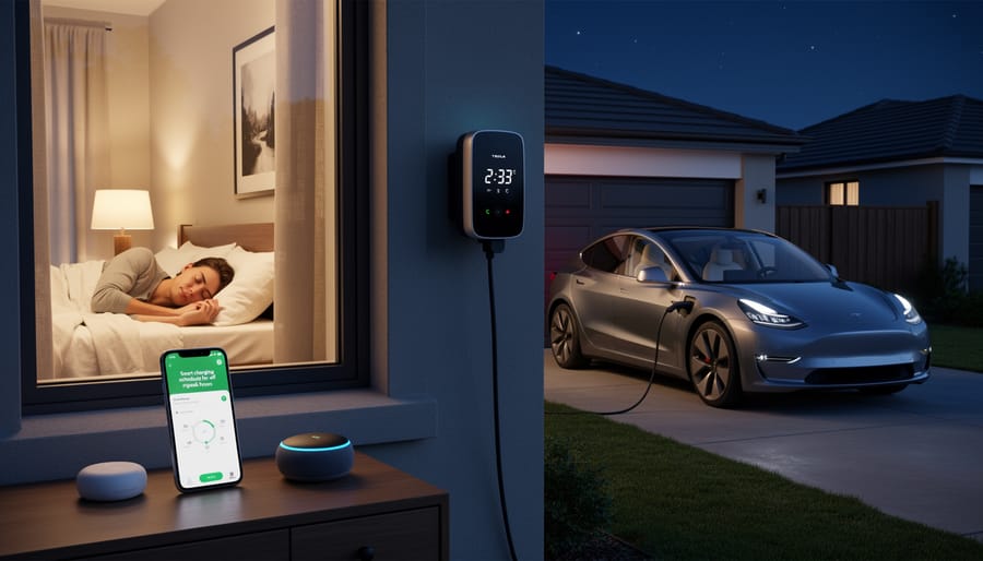 A residential EV charging station glowing at night on a driveway with a parked electric vehicle