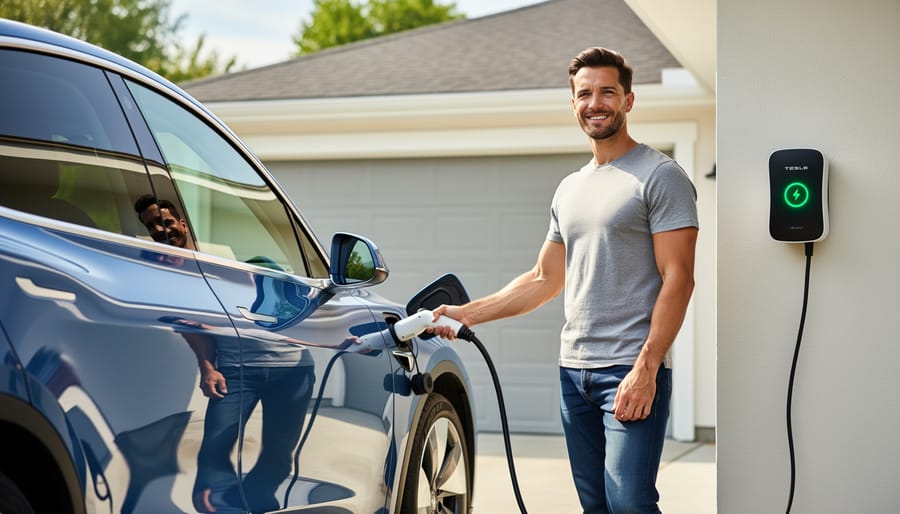 An EV driver plugging a charging cable into a home wall-mounted charging station in a parking lot
