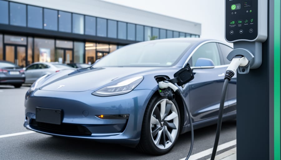 A modern electric car parked at a public charging station with the charging cable plugged into the vehicle’s charging port.