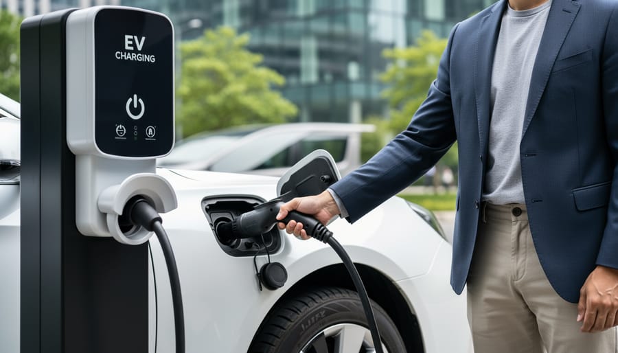 Electric car driver holding an EV charging connector near a Level 2 charging station
