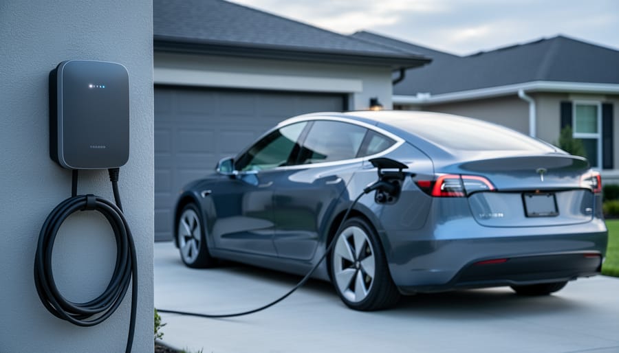 Modern EV charging station on a residential driveway with a charging cable connected to an electric car’s port, shown in clear daylight.