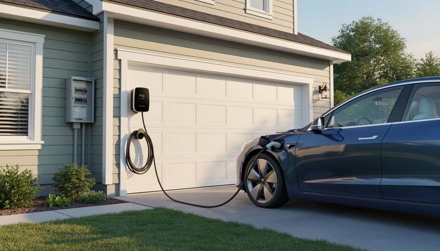 View of a home electrical panel area alongside an installed EV charging unit in a garage