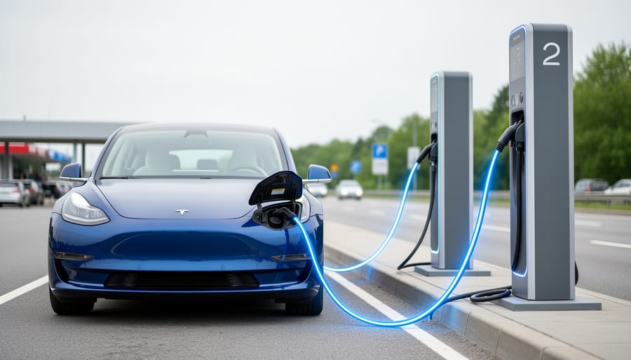 A modern electric vehicle charging at a highway fast-charging station with blue power illumination and distinct fast-charging hardware.