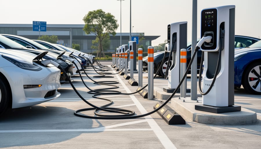 EV fast-charging station with connected cables at a modern parking location