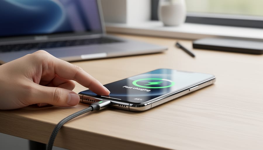 Gloved hands plugging a charging cable into an EV charging port