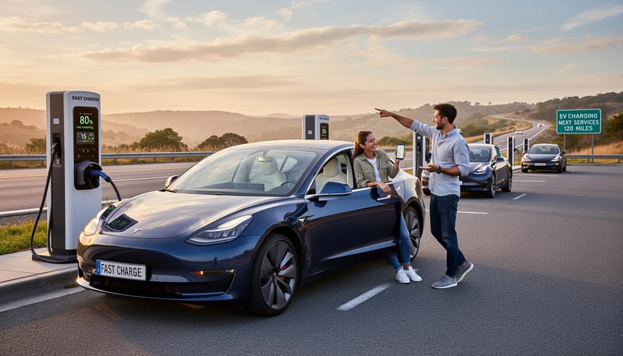 EV stopped at a charging bay during golden hour with a driver visible in silhouette
