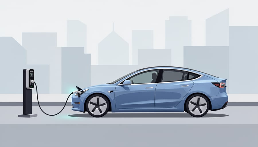 Electric vehicle connected to a charging cable inside a modern garage