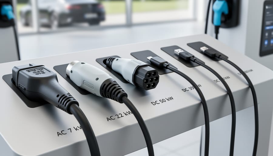 Close-up of different EV charging connectors resting on a charging pedestal
