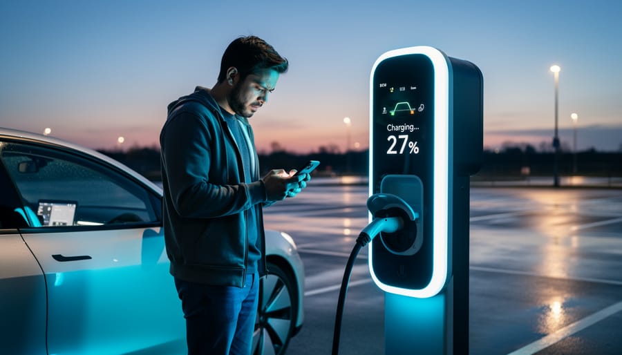 EV driver looking impatient while waiting at a fast-charging station at night
