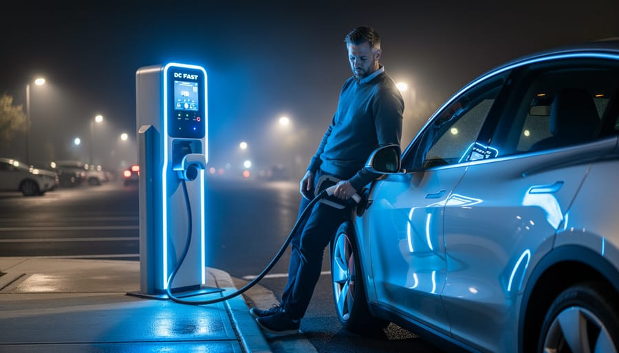 Driver waiting at a glowing DC fast-charging station at night with a charging connector near an EV charge port.